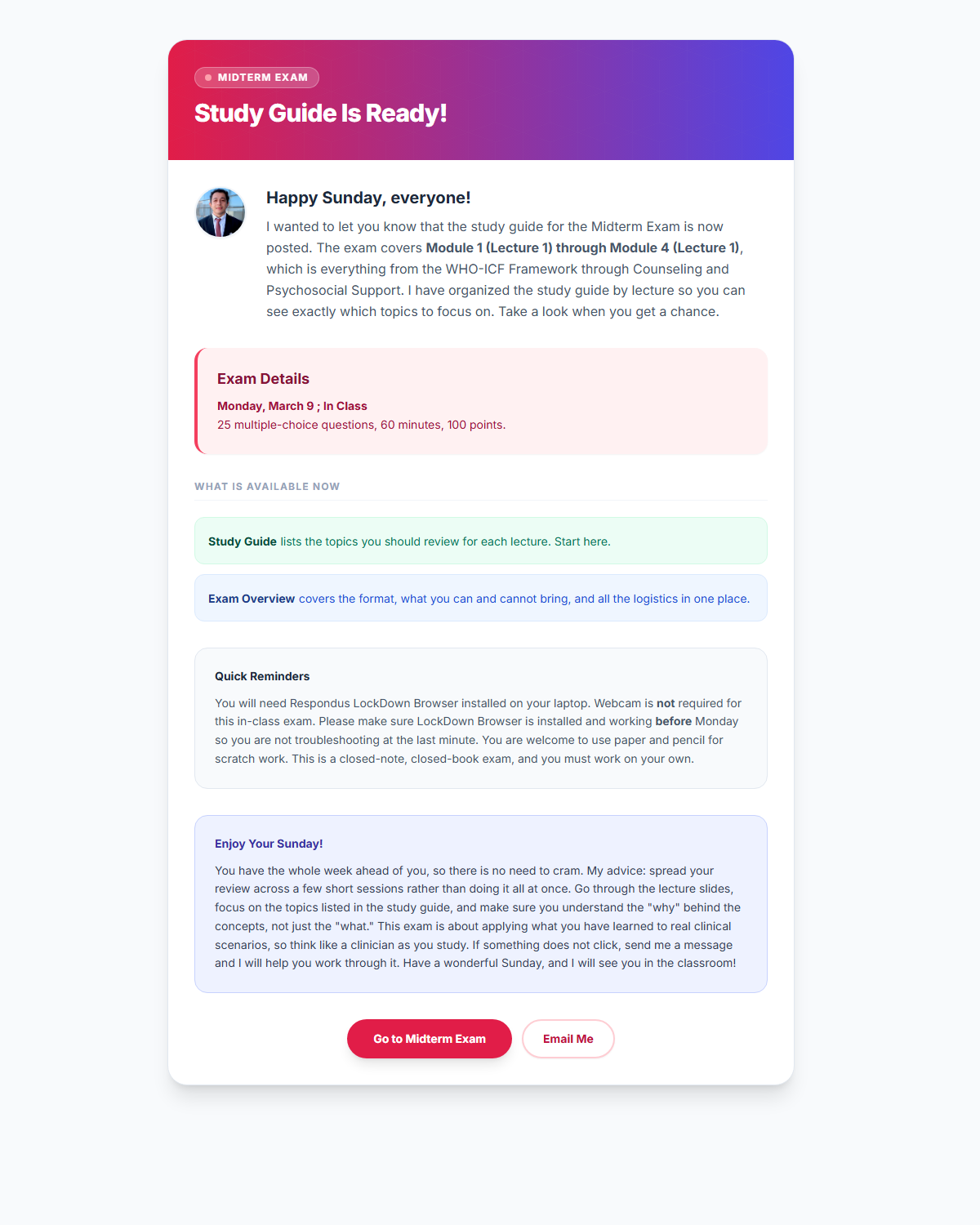 Study Guide Is Ready! announcement on Canvas